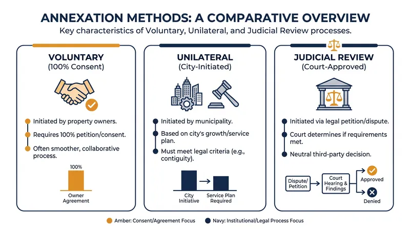 The three primary legal frameworks governing how municipalities expand their borders.