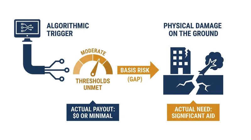 Basis risk represents the mathematical probability that a parametric payout will not perfectly align with actual financial losses.