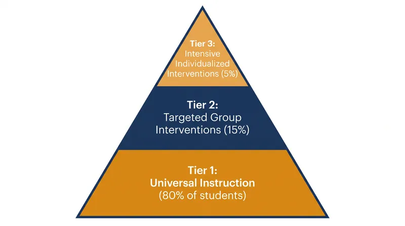 The three-tiered structure of RTI is designed to catch struggling learners early through increasingly intensive support.