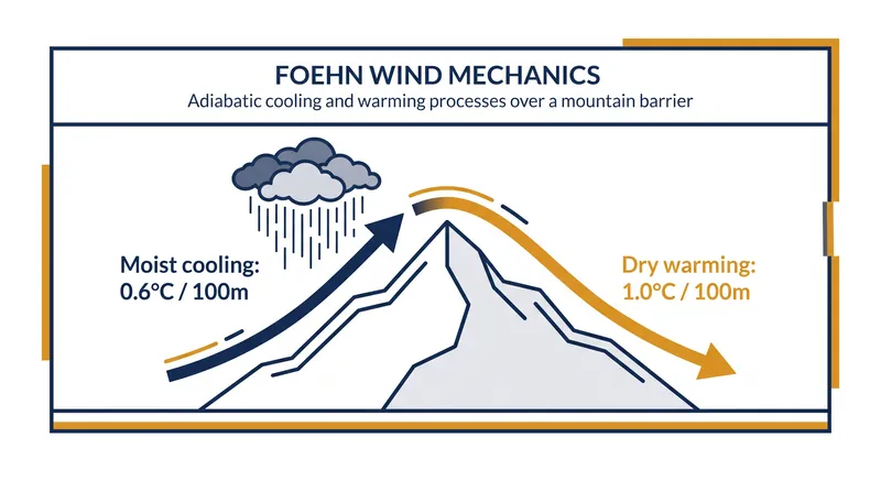 Because dry air warms faster than moist air cools, the parcel arrives at the leeward base warmer than it started.