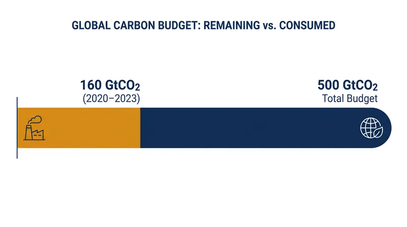 Between 2020 and 2023, the global economy consumed approximately 160 GtCO2 of the 500 GtCO2 budget allocated for a 50 percent chance of limiting warming to 1.5°C.