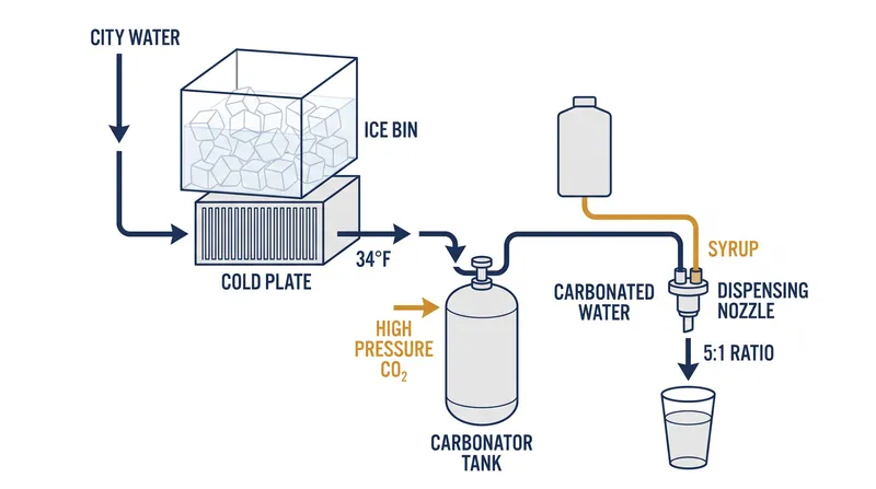 The journey from municipal water to carbonated beverage requires rapid chilling and high-pressure gas injection.