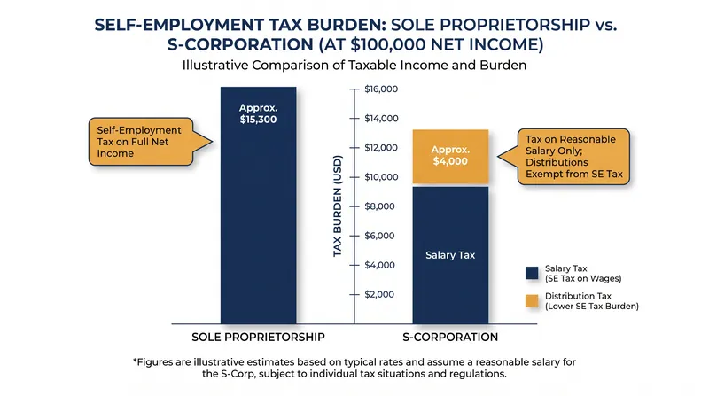 An S-Corporation election shields shareholder distributions from the 15.3% self-employment tax.