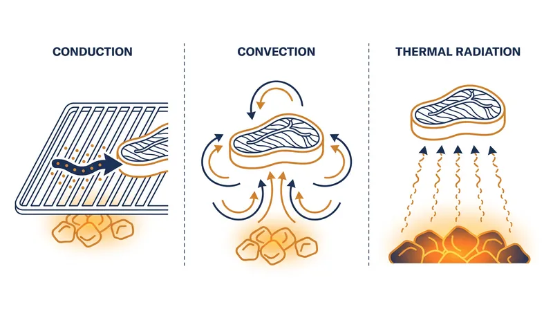 The three mechanisms of heat transfer that control the cooking process on a grill.