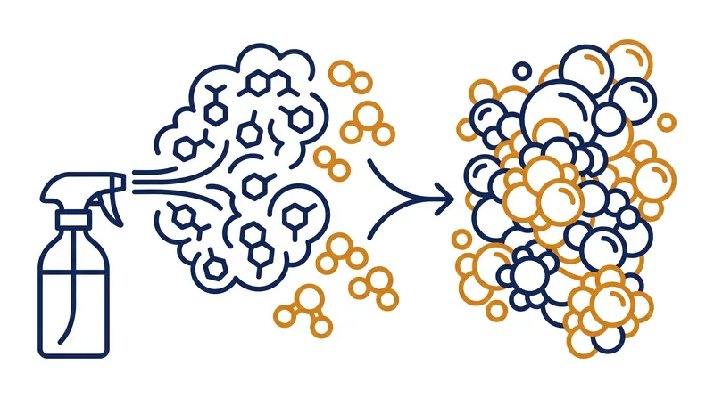 Terpenes evaporate from the cleaning surface and rapidly oxidize with ambient ozone to form secondary organic aerosols.