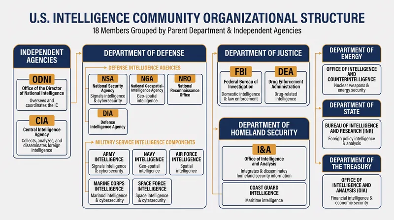 The 18 elements of the U.S. Intelligence Community span six cabinet departments and two independent agencies.