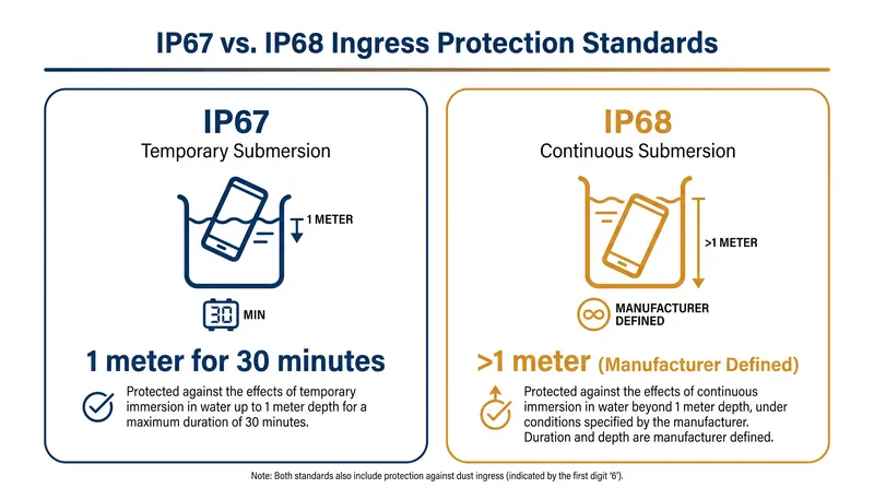 While IP67 is a fixed standard, IP68 allows manufacturers to define their own testing depth and duration.