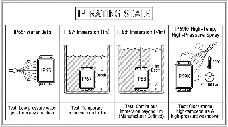 The IP scale covers a wide range of ingress protection, with IP69K representing the absolute highest standard for industrial equipment.