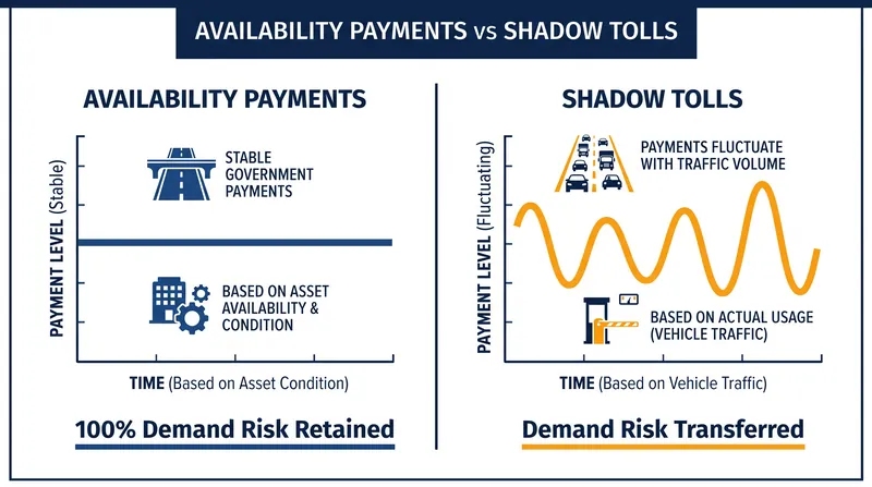 Availability payments provide a fixed return based on maintenance, while shadow tolls fluctuate with actual usage.