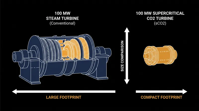 Because supercritical carbon dioxide is significantly denser than steam, sCO2 turbomachinery can be up to ten times smaller for the same power output.
