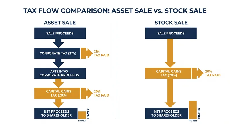 How double taxation cascades through a C-corporation asset sale compared to a pure stock sale.
