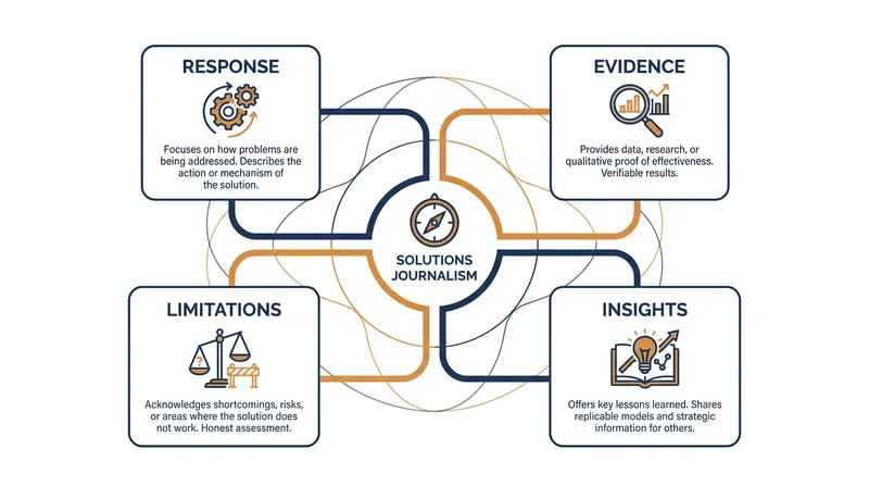 The Solutions Journalism Network mandates four rigorous elements to separate accountability reporting from 'feel-good' fluff.