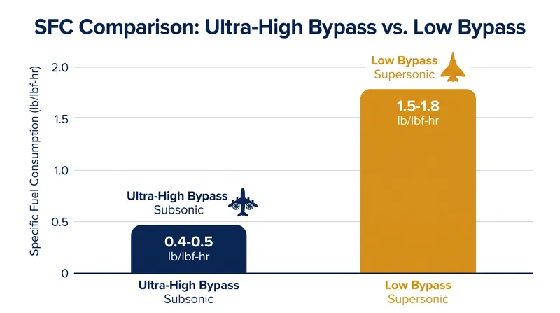 Supersonic flight inherently requires roughly three times the fuel flow per pound of thrust compared to modern subsonic engines.