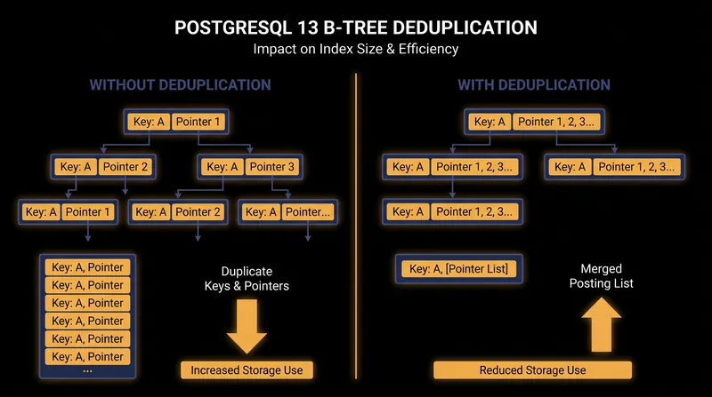 PostgreSQL 13 introduced deduplication to merge identical keys into a single posting list, delaying page splits.