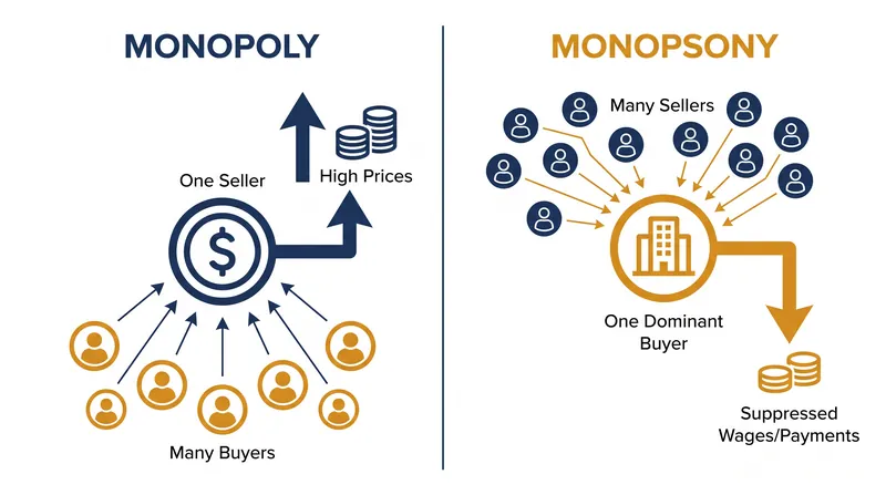 While monopolies extract wealth by raising prices for consumers, monopsonies extract wealth by suppressing wages and payments to suppliers.