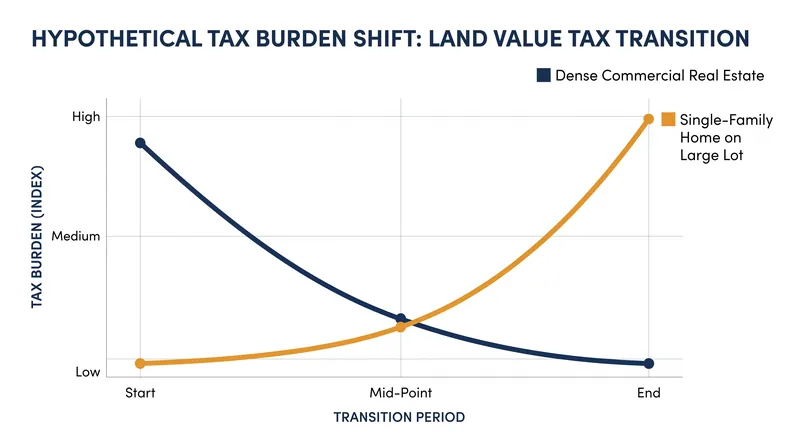 Transitioning to a pure land tax violently shifts the burden away from dense developments and onto large, underutilized lots.