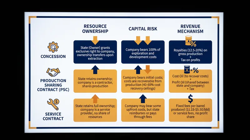 How the three primary petroleum fiscal regimes allocate risk, ownership, and revenue.