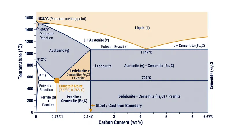 The iron-carbon phase diagram maps the crystalline structures that form under infinitely slow heating and cooling.