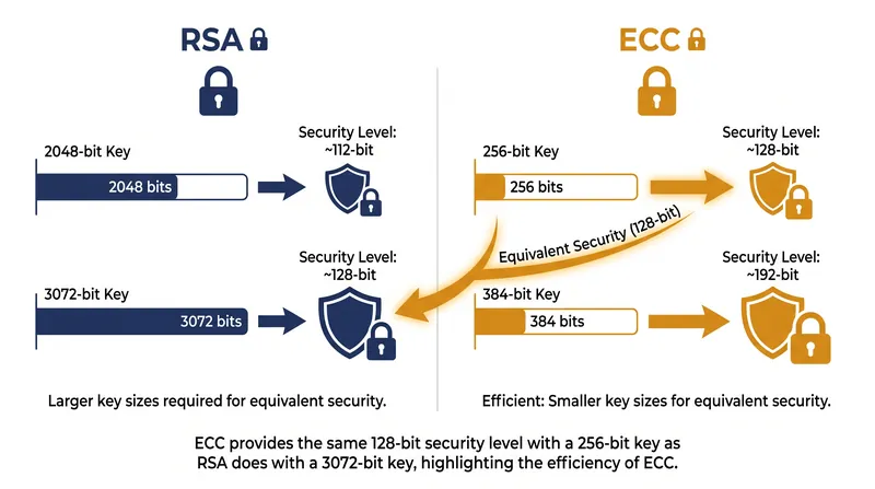 Elliptic Curve Cryptography (ECC) achieves equivalent security margins with significantly smaller key sizes than RSA.