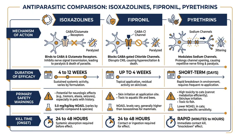 Comparing the mechanisms and safety constraints of the three primary ectoparasiticide classes.