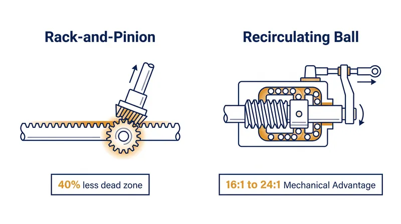 Rack-and-pinion systems prioritize direct precision, while recirculating ball gearboxes multiply force for heavy loads.