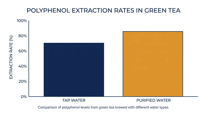 Purified soft water can double the extraction of EGCG antioxidants compared to hard tap water.