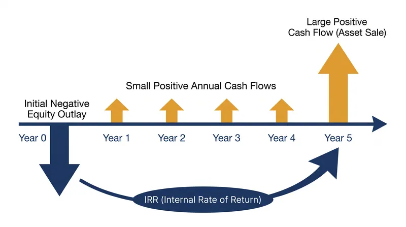 The internal rate of return accounts for the time value of money across the entire holding period.