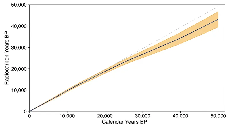 The IntCal20 curve corrects raw radiocarbon dates by accounting for historical fluctuations in atmospheric carbon-14.