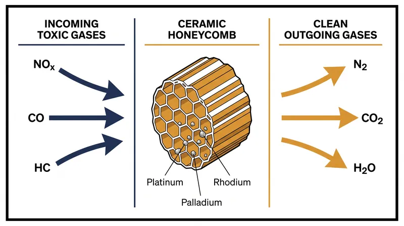The three-way catalyst simultaneously reduces nitrogen oxides while oxidizing carbon monoxide and unburned hydrocarbons.