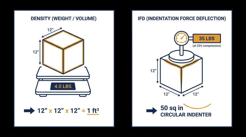 Density measures the physical mass of the material, while IFD measures the surface resistance to pressure.
