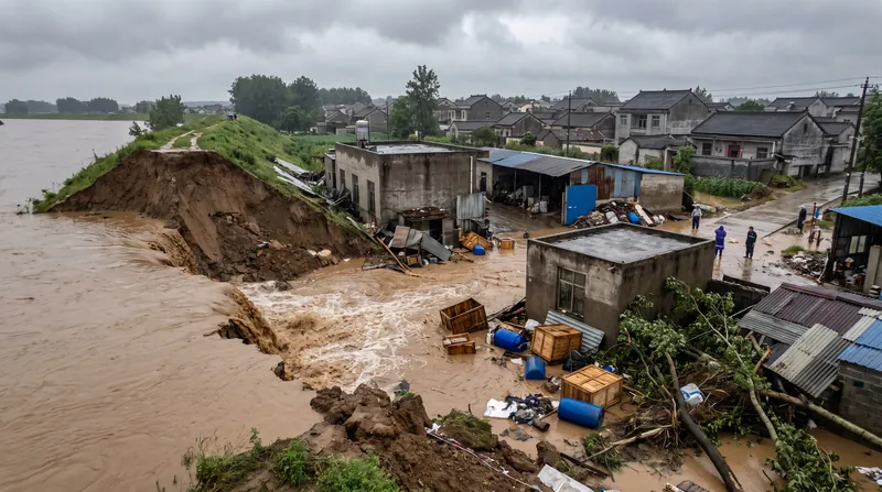 A breached dike near Xihu village in Putian inundated nearby residential and industrial zones.