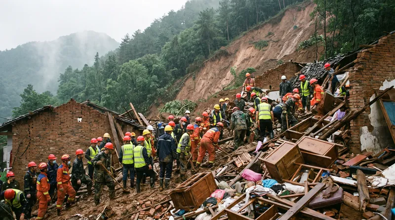 Rescue teams search for missing residents after a mudslide buried homes in Suichuan County.