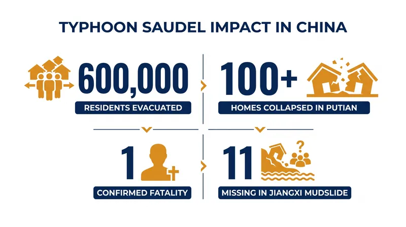 The human and infrastructural toll of Typhoon Saudel across southeastern China.