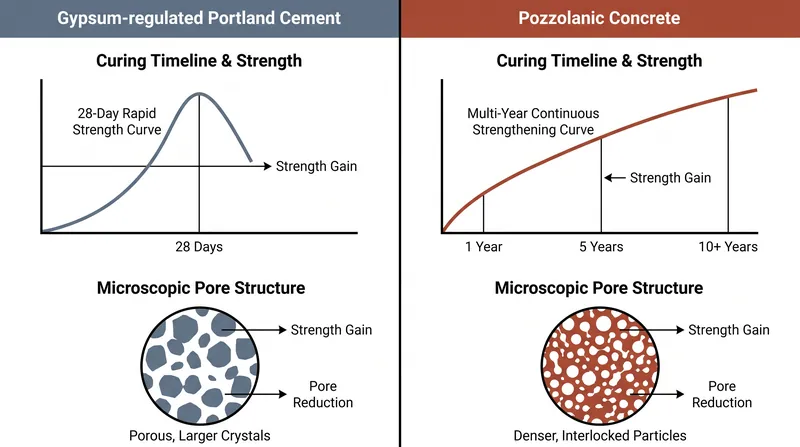 While modern cement reaches structural strength in 28 days, pozzolanic concrete continues to harden over years.