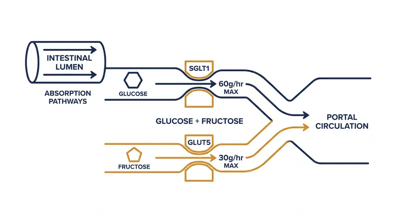 Fructose utilizes a separate intestinal transporter, bypassing the 60-gram absorption ceiling of glucose alone.