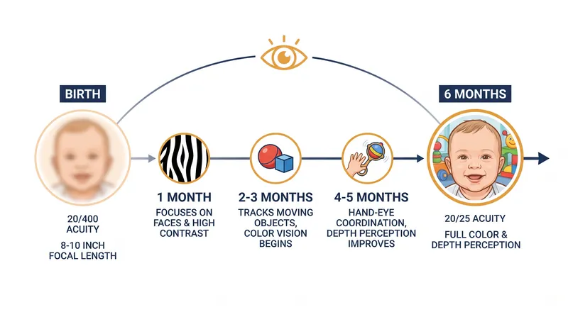 A newborn's visual acuity sharpens dramatically over the first six months of life.