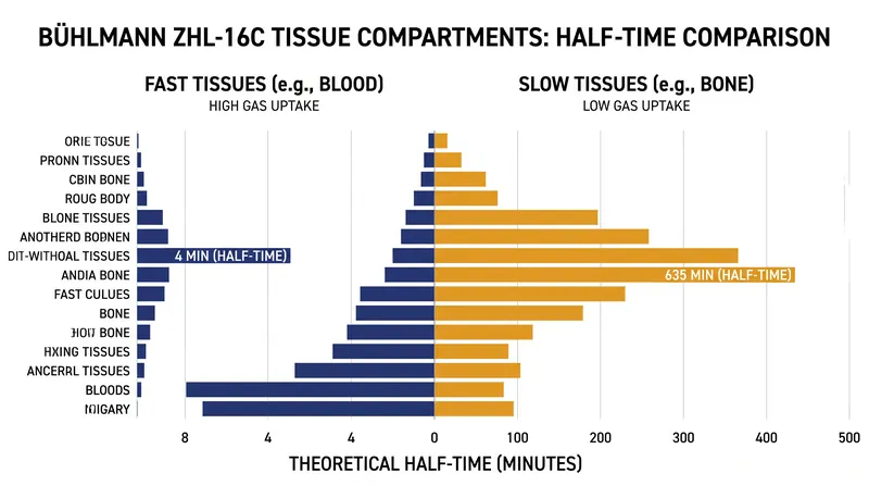 The algorithm tracks 16 theoretical tissue compartments, ranging from fast-absorbing blood to slow-absorbing bone.