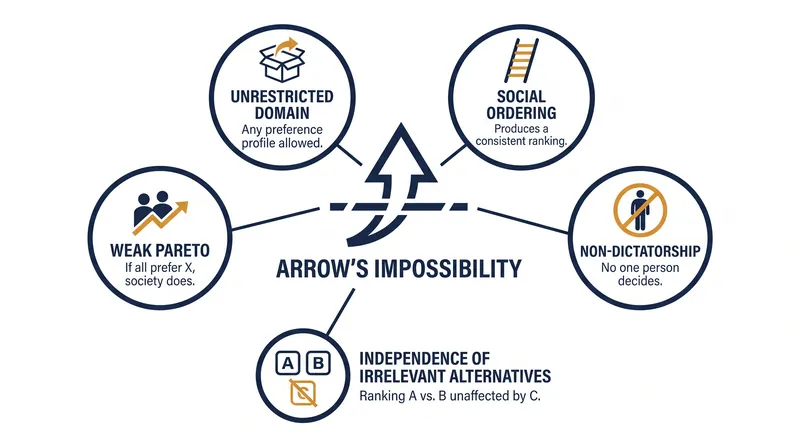 The five fairness criteria that cannot be simultaneously satisfied in any ranked voting system with three or more options.