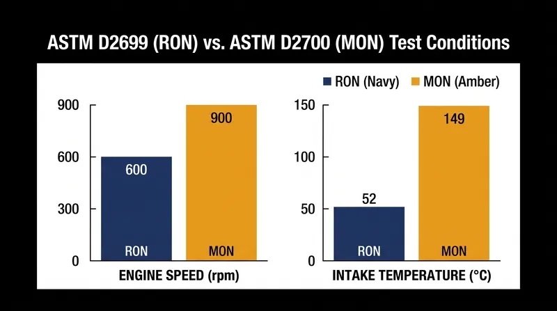 The Motor Octane Number (MON) test subjects fuel to significantly higher temperatures and engine speeds than the Research Octane Number (RON) test.