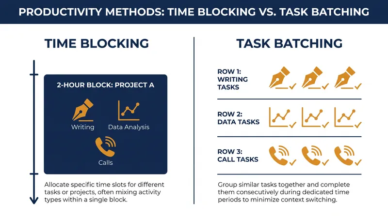 Time blocking focuses on project completion, while task batching minimizes cognitive switching costs by grouping similar actions.