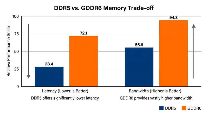 Traditional DDR5 system RAM prioritizes ultra-low latency, while GDDR6 sacrifices response time for massive data throughput.