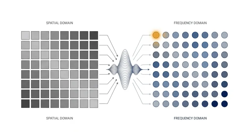 The DCT translates spatial pixel data into frequency coefficients.