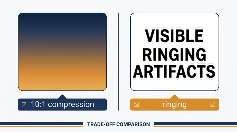 DCT quantization excels at continuous tones but fails on sharp, high-contrast edges.