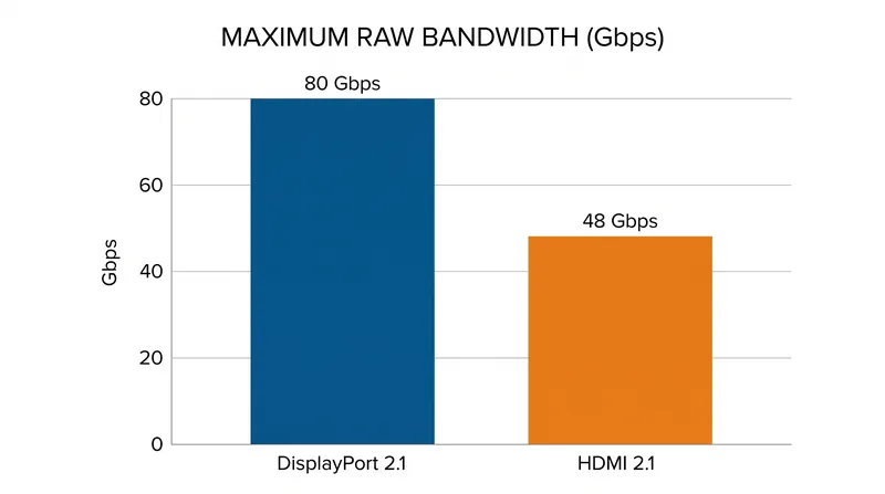 DisplayPort 2.1 offers significantly more raw bandwidth, allowing for uncompressed 4K gaming at 240Hz.