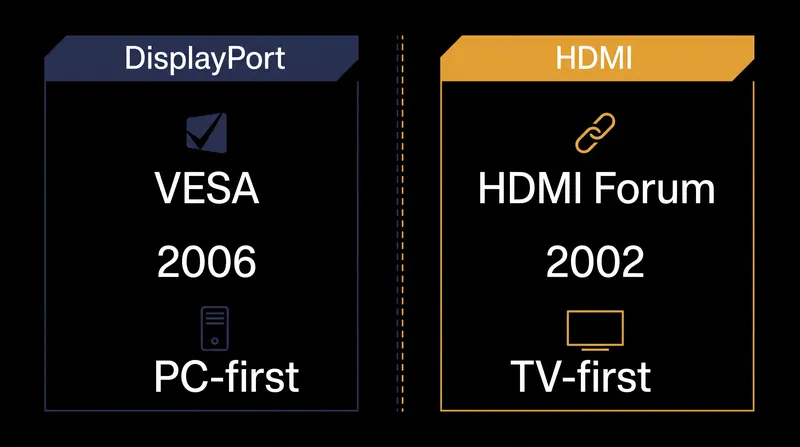 DisplayPort was built specifically for the PC industry, while HDMI was designed as a universal home theater standard.