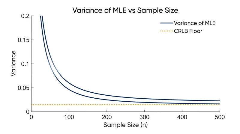 As sample sizes approach infinity, the variance of a Maximum Likelihood Estimator shrinks to exactly match the Cramér-Rao Lower Bound.