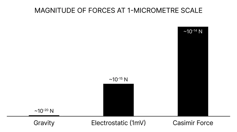 At sub-micrometre scales, the Casimir force easily overpowers gravity and competes with electrostatic attraction.