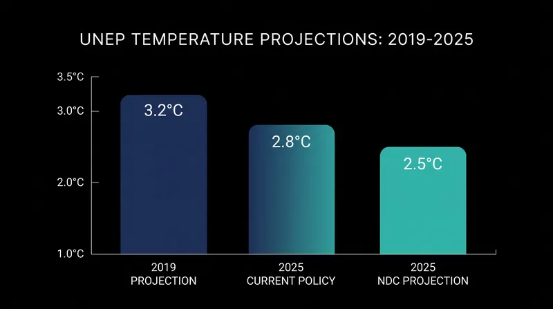 While updated pledges have lowered projected warming since 2019, actual policies still track far above the 1.5°C target.