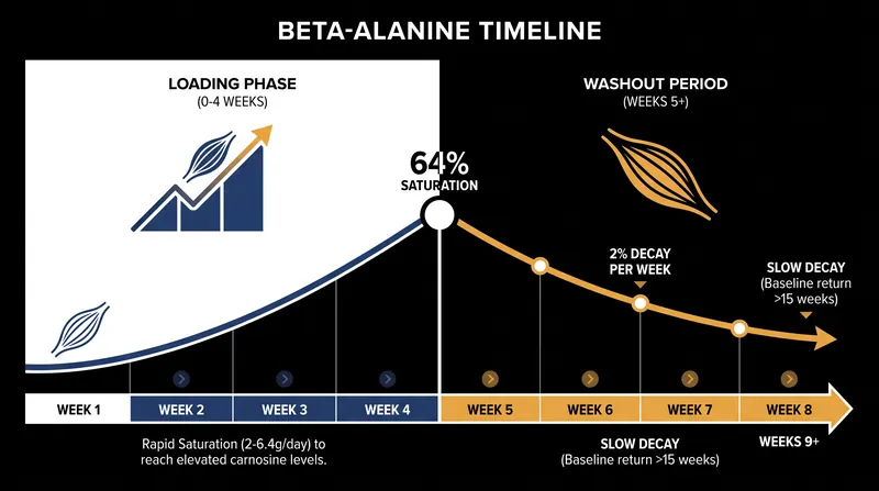 Muscle carnosine levels take weeks to build but decline by only 2 percent per week after supplementation stops.