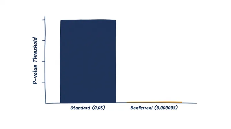 The Bonferroni correction drastically lowers the significance threshold to maintain a 5% family-wise error rate.